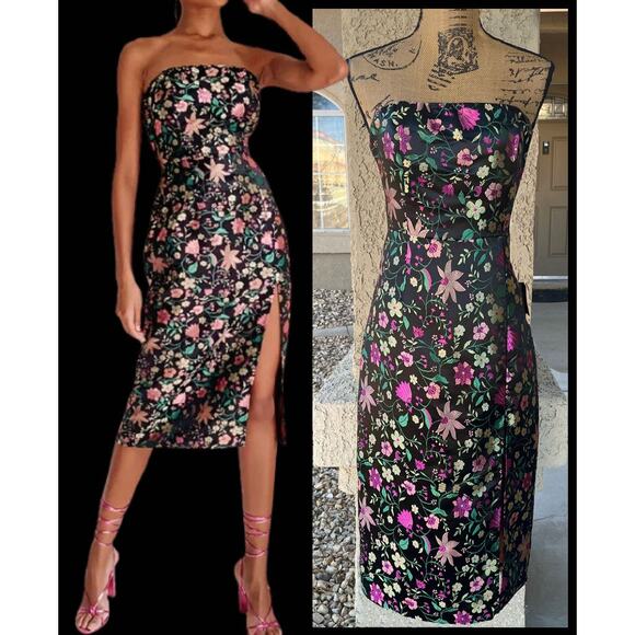 Lulus Make a Move Black Satin Floral Jacquard Strapless Midi Dress Size L - Picture 2 of 13